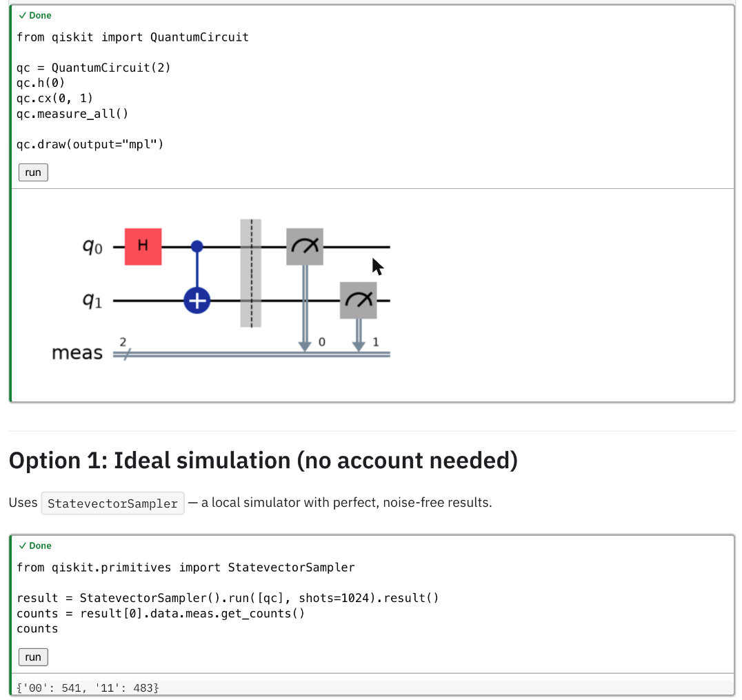 실행 가능한 코드 셀이 있는 튜토리얼 페이지: 방금 실행된 셀이 출력 결과를 보여 주고 있습니다.