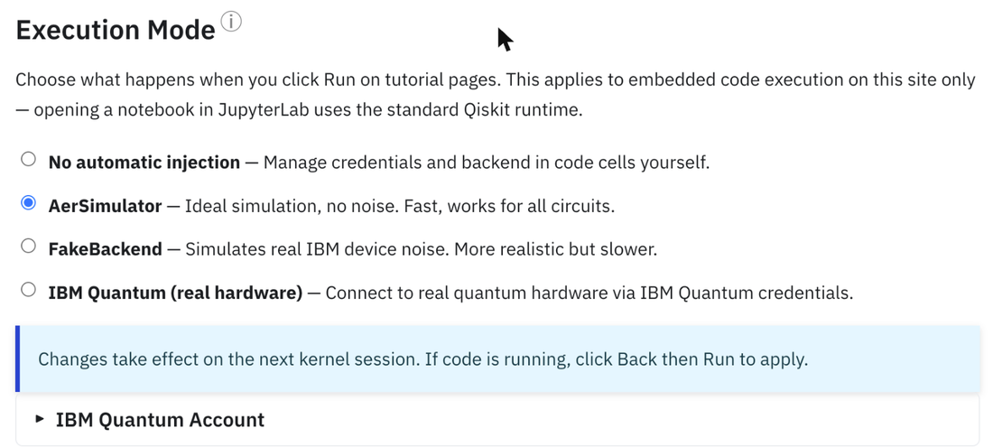 실행 모드 설정: AerSimulator, FakeBackend 또는 IBM Quantum (실제 하드웨어).